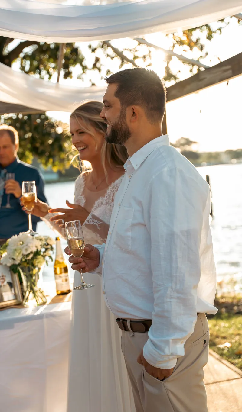 Champagne at golden hour under the tent — Annapolis