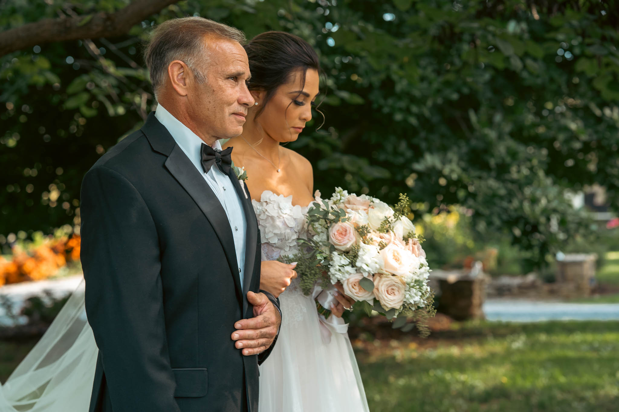 A bride on her father's arm moments before the aisle — Sylvanside Farm wedding in Purcellville, Virginia